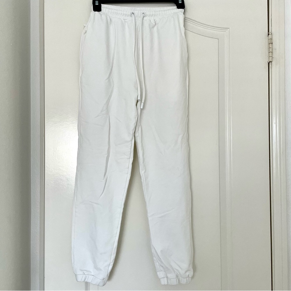 Meshki High Waisted Fleeceback Drawstring Joggers Sweatpants White